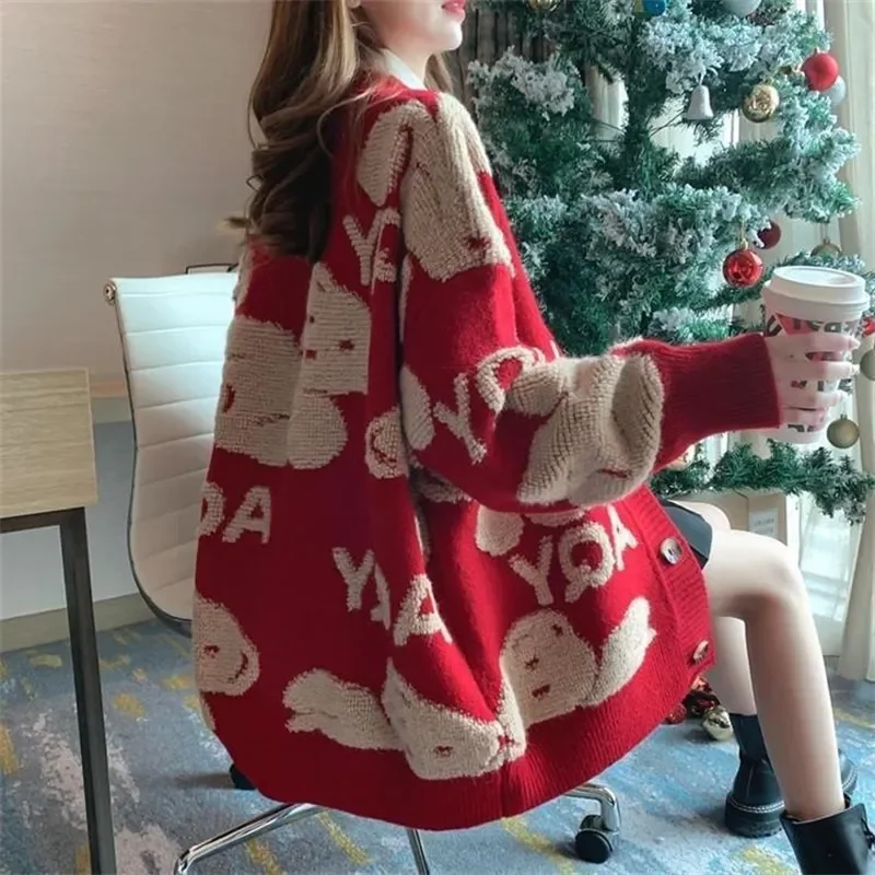 

Sweet Cardigans 2023 Thick Winter Clothes Knitted Свитер Loose Sweater Woman Oversize Christmas Sweater Coat Korean Fashion