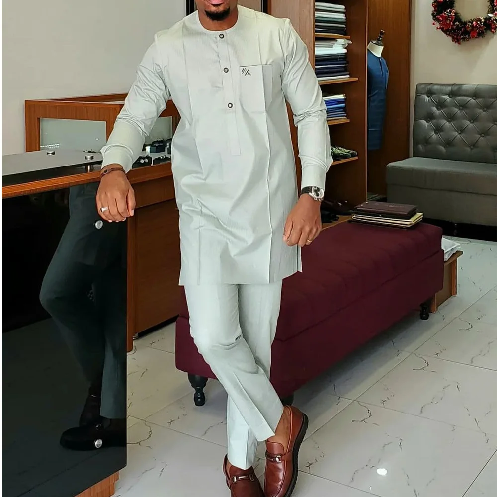 

New Dashiki Men's Set Grey Round Neck Long Sleeve Luxury Brand Men's Suit Casual Slim Fit Men's Set Wedding Evening Suit