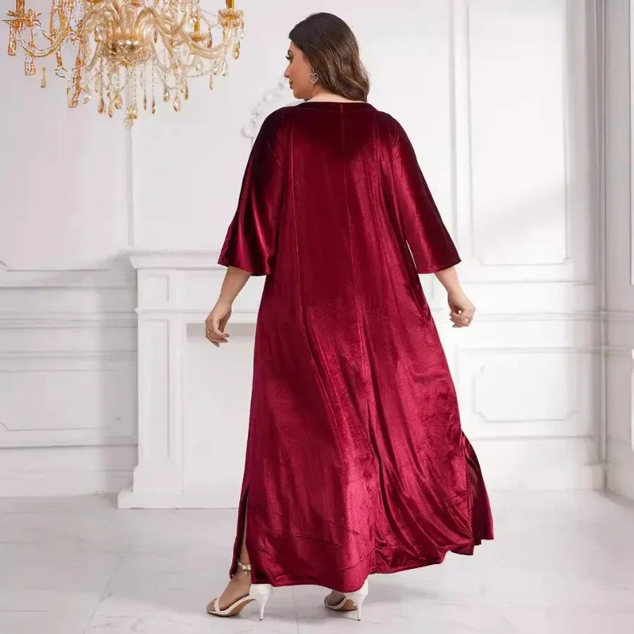 Abaya Dubai 2024 Spring Elegant Muslim Women 3/4 Sleeve V-neck Velvet Plus Size Long Maxi Dress Abaya Dress Muslim Fashion Abaya