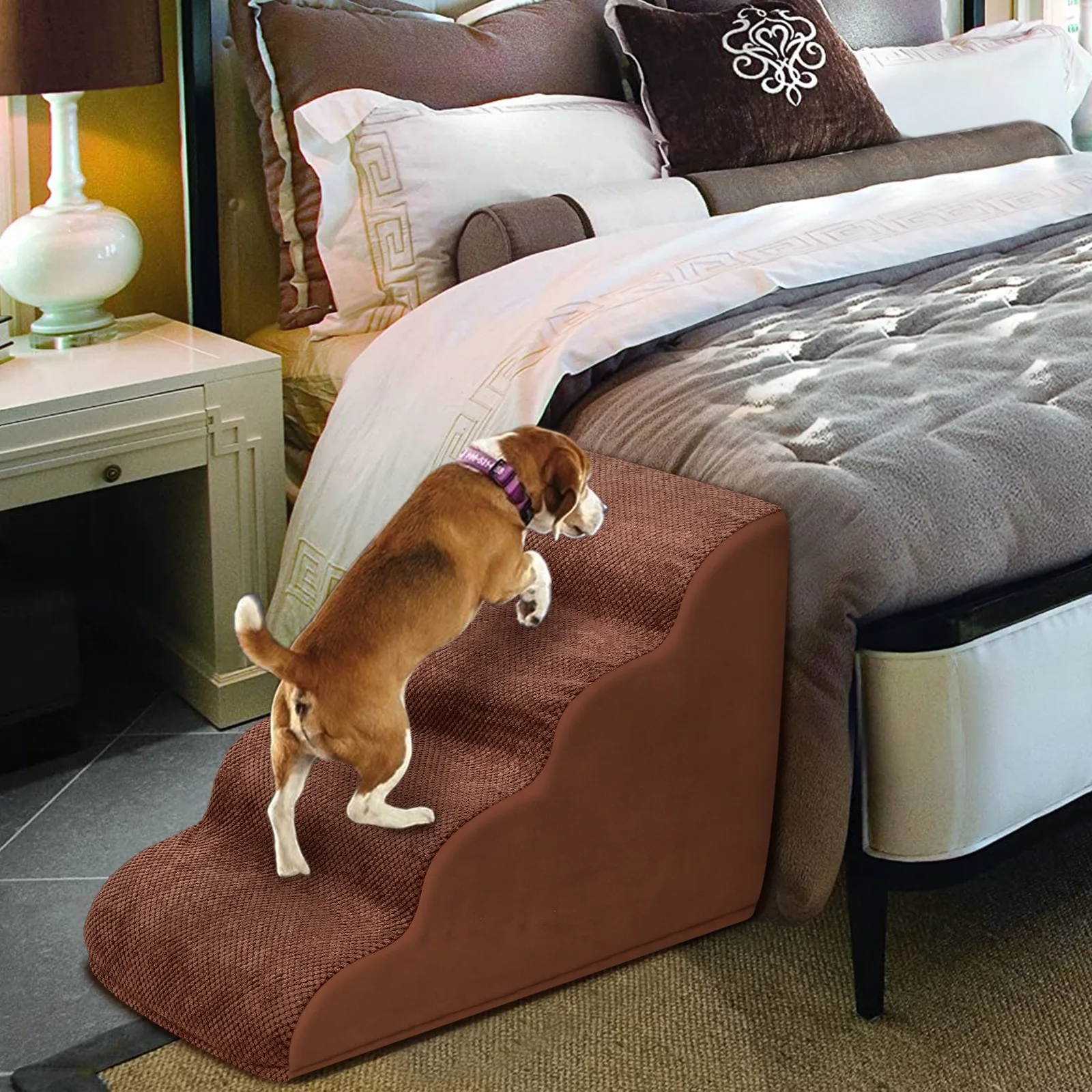 4 Steps Dog Ramp/Stairs for Beds and Couches,Pet Stairs with High Density Expand Immediately Foam,Washable Cover