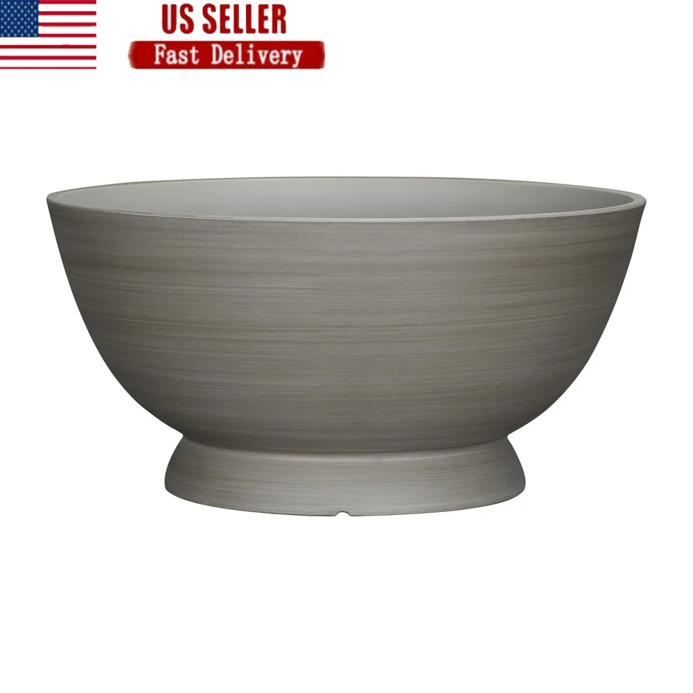Gray Sienna Recycled Resin Planter Bowl Indoor Outdoor Durable Lightweight with Drainage Holes UV Resistant Garden Pot