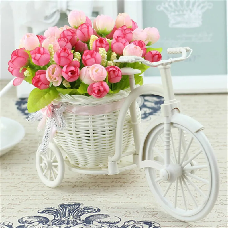 Rattan Big Wheel Three-wheel Imitation White Weaving Crafts Flower Basket Arrangement Car Decoration Ornaments | Дом и сад