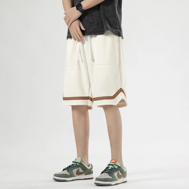 Sports Youthful Vitality Casual Shorts Men's Clothing Solid Color Stylish Spliced Summer Straight Basic Drawstring Knee Pants