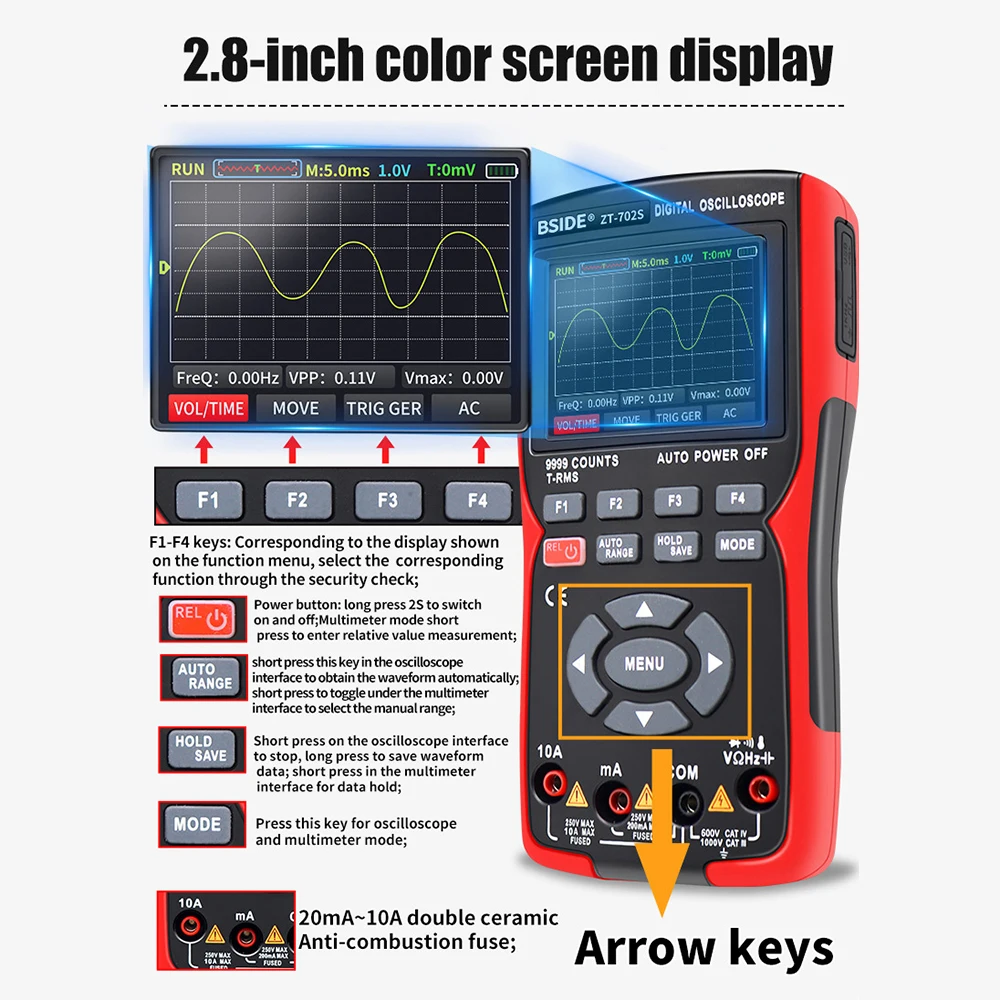 

ZT702S Digital Multimeter 9999 Counts Auto RMS Tranistor Probe Multimetro Meter 48M/S 10MHZ PC Waveform Data Storage Oscilloscop