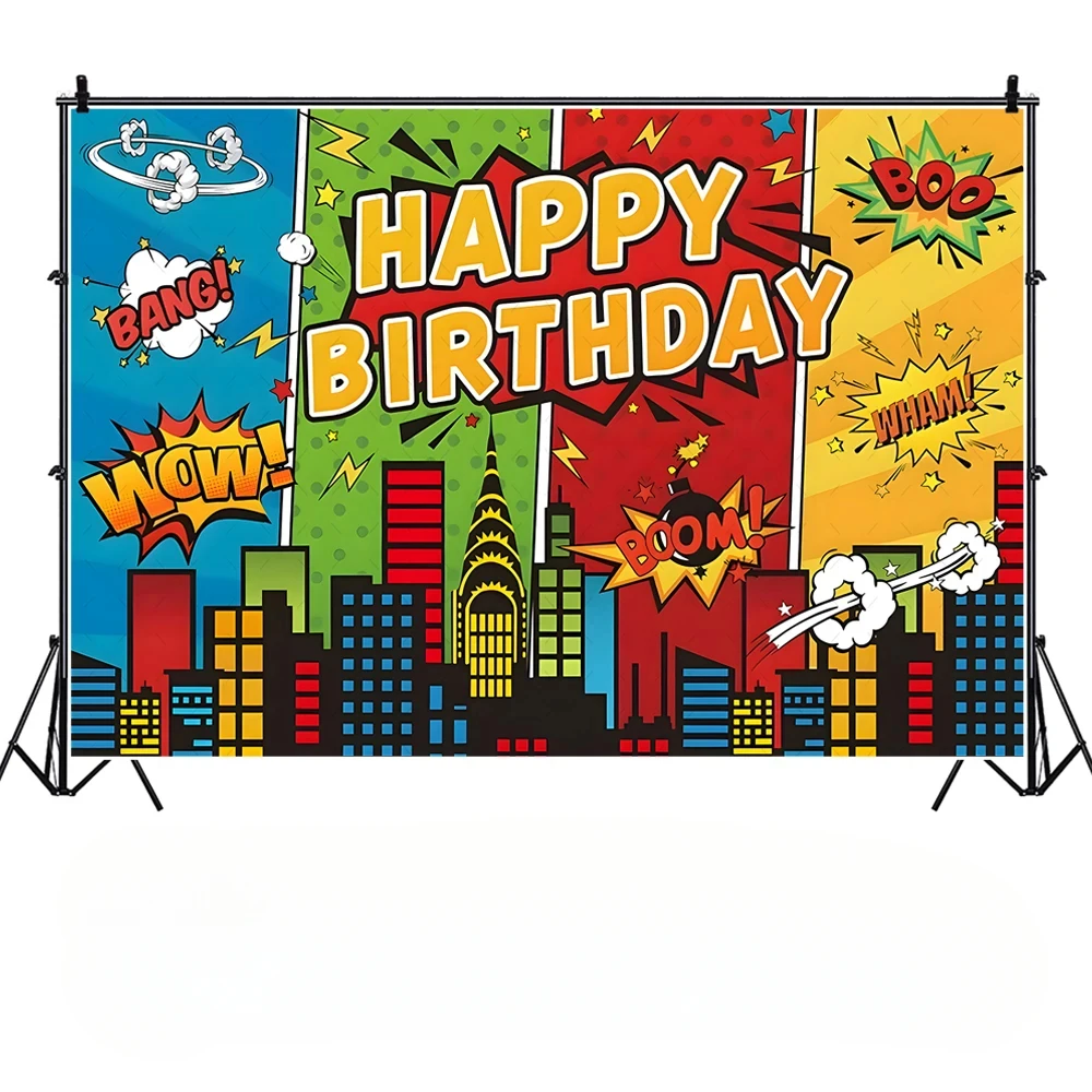 Sfondo fotografico per edifici di città di supereroi Baby Shower Boy Birthday Party Banner Sfondo di supereroi per studio fotografico