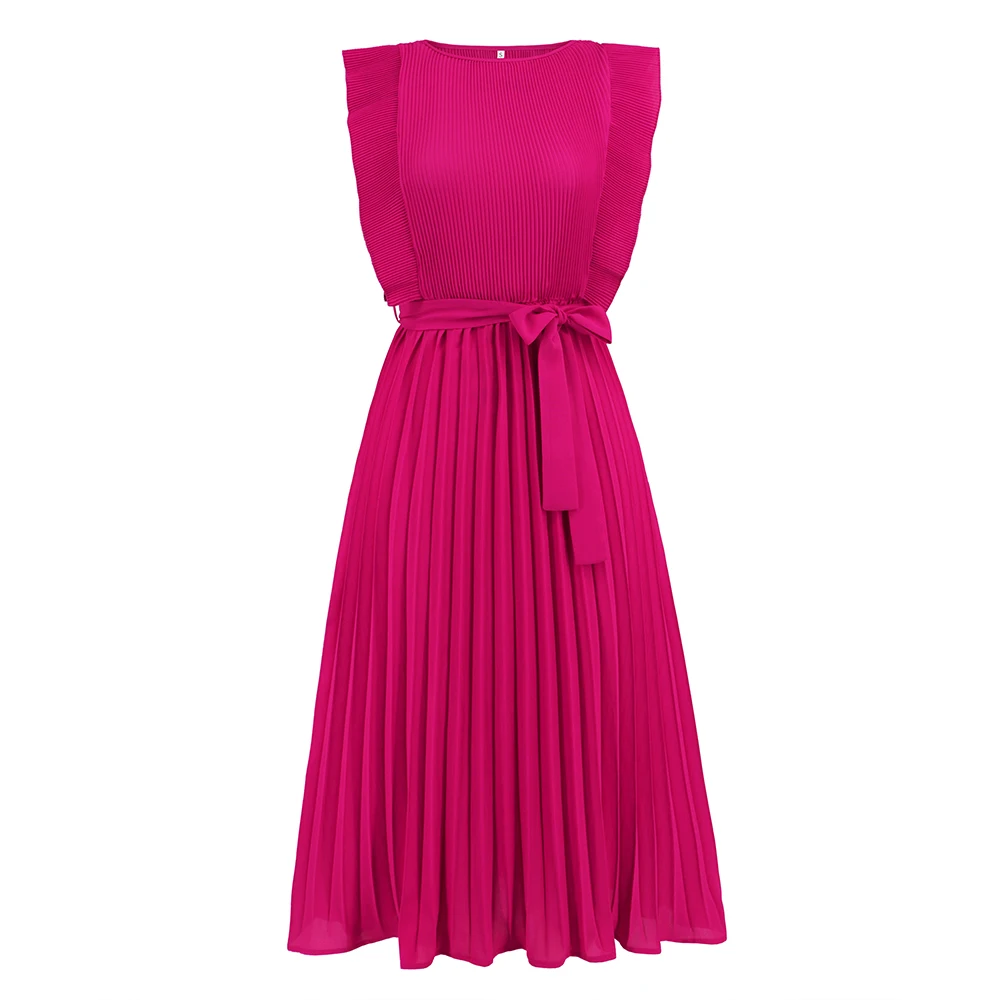 Solid Color Pleated Fashion Elegant Round Neck Ruffle Loose Midi Dress