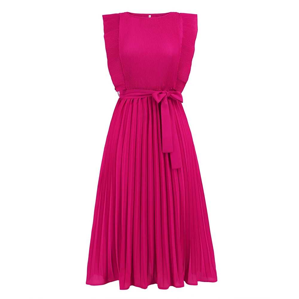 A-Line Loose Pleated Pockets Solid Color Round-Neck Midi Dresses