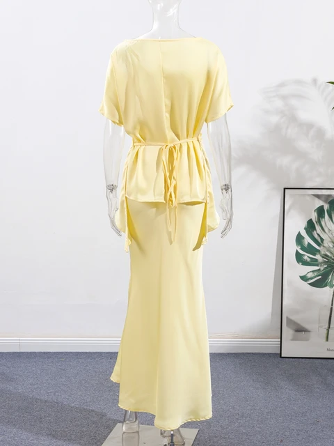 Fashion Yellow Satin Tops Skirt 2 Piece Set Women Lace Up Top High Waist Mermaid Skirt 2025 Summer Sexy New in Matching Suits 5