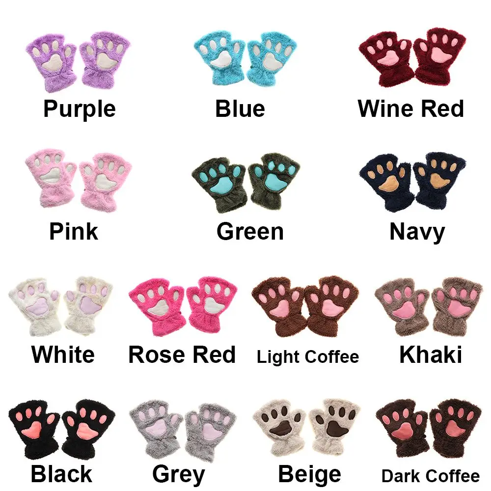 Winter Women Paw Gloves Fingerless Fluffy Bear Cat Plush Paw