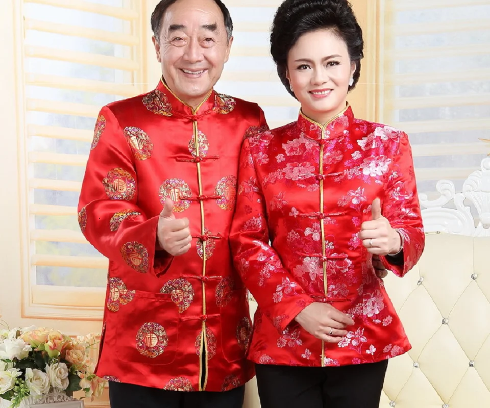 Chinese Traditional Costume Birthday New Year Party Wedding Men Women Tang Suit Satin Embroidered Flowers Jacket Casual Coat men chinese style shirt hanfu jacket