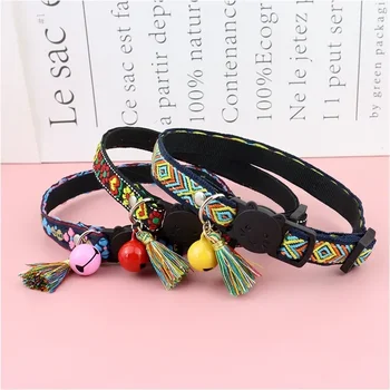 Adjustable cat collar with tassels and bells embellished pet collar colorful plaid jacquard pattern for cat and dog collars 3