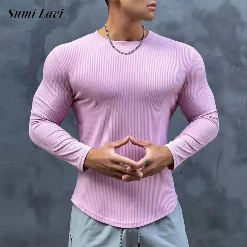 

Elastic Slim Fit Mens T-Shirts Spring Fashion Sports Training Muscle O Neck T Shirt For Men Clothes Casual Pure Color Ribbed Top