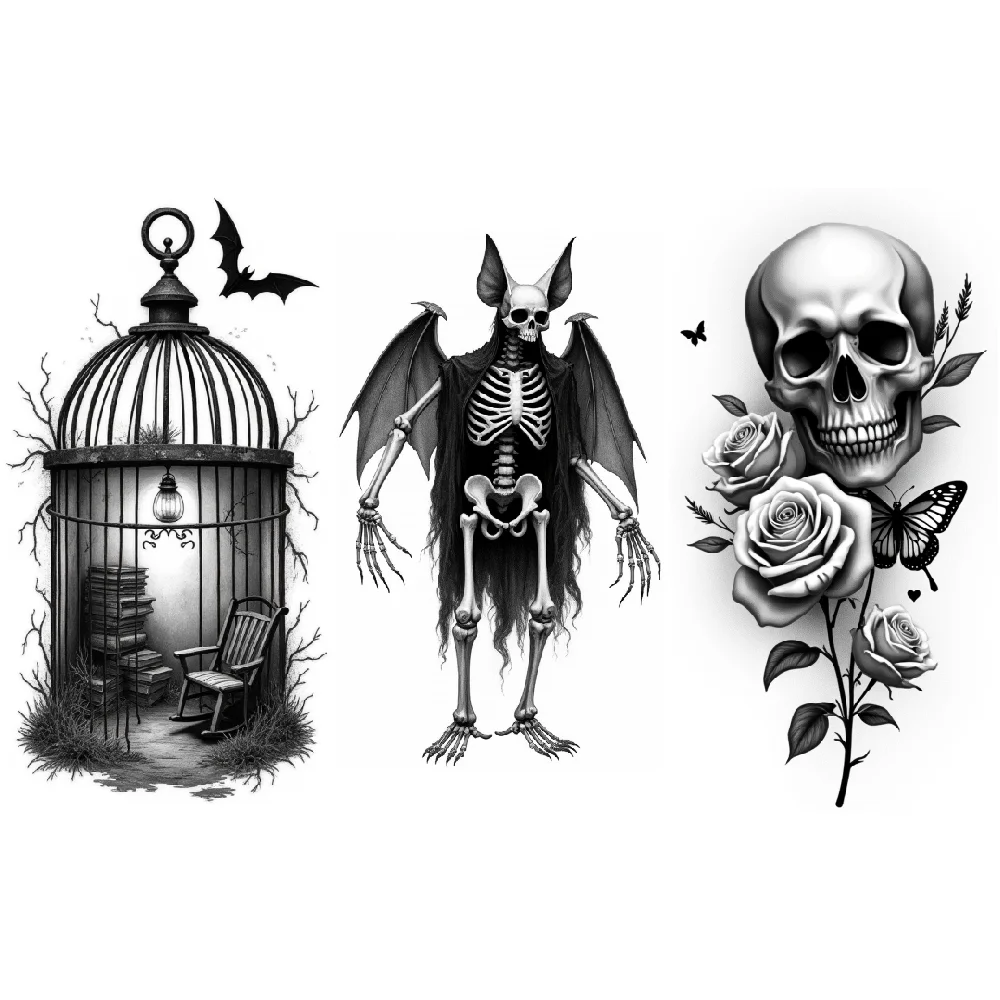 3 uds tatuaje temporal negro y gris Realismo ciervo calavera Lobo cráneo  jaula de pájaros con murciélago para adultos muslos hombres - AliExpress, image size:1000x1000