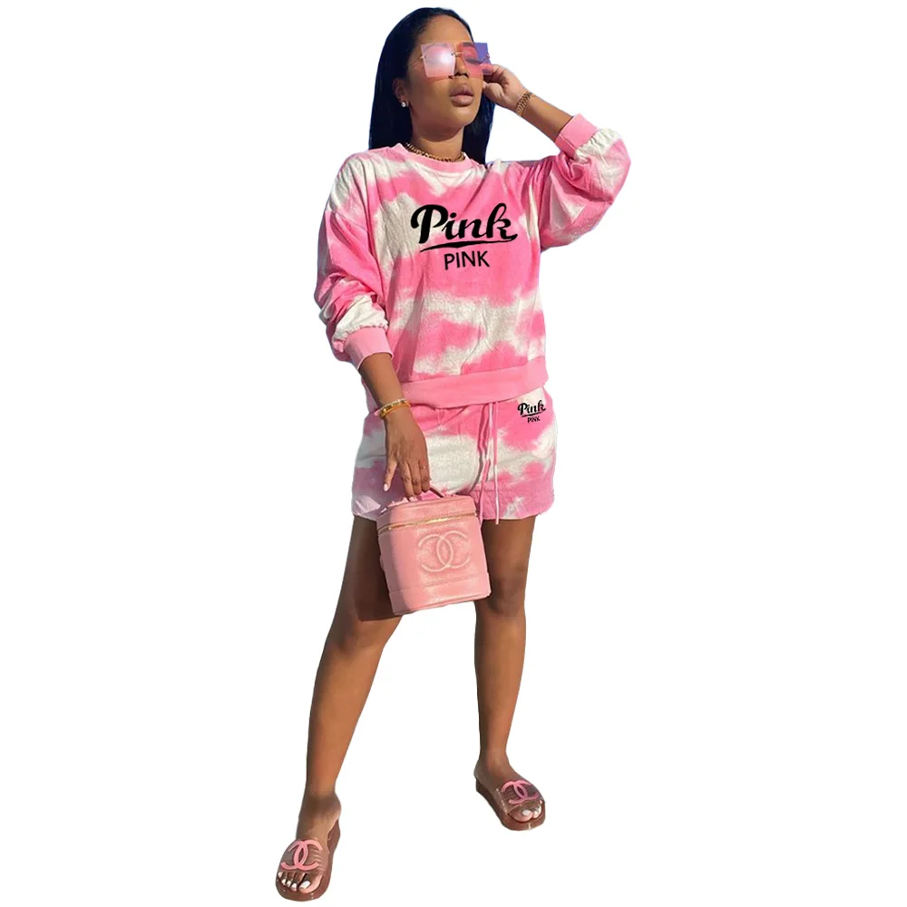 Pink Outfits for Women Casual Two Piece Shorts Set Pink Letter Print Tie Dye Shirts and Shorts Tracksuit Sets Women 2 Piece Set ladies suits for weddings