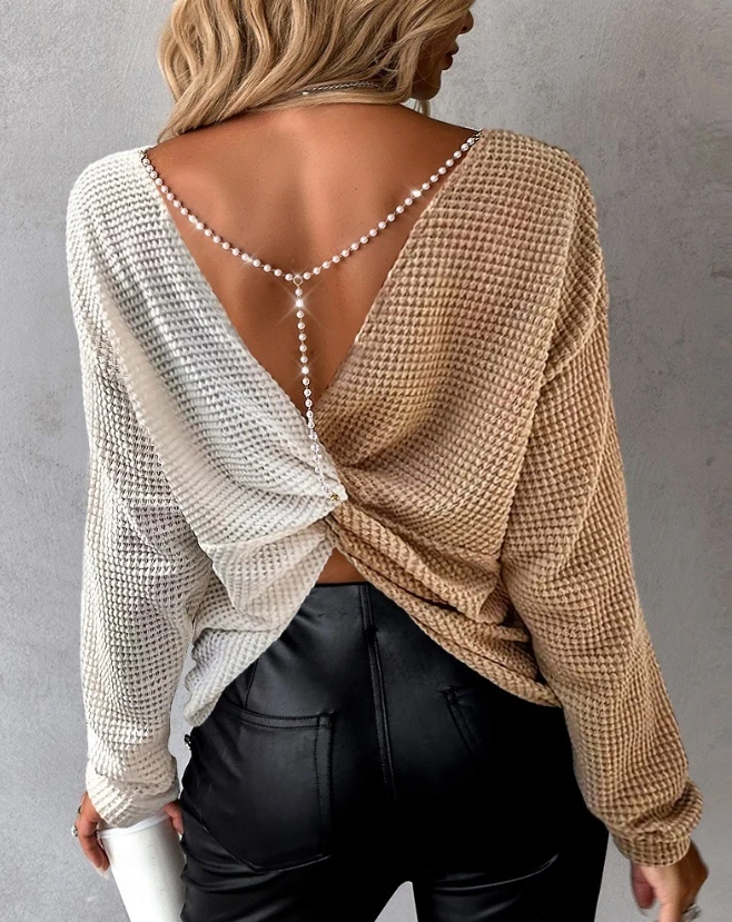 

Women's Colorblock Backless Twisted Waffle Knit Top Fashion Blouses Sexy Loose V-Neck Long Sleeved Pearls Chain Top Y2K Tops