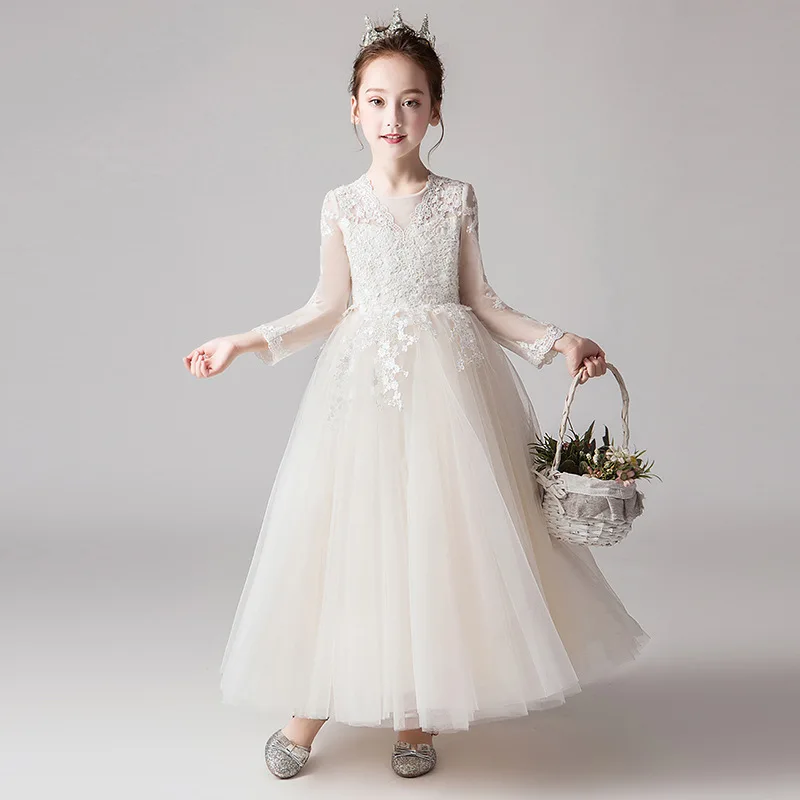 Детское платье Glitz цвета шампанского с длинными рукавами и цветами для свадьбы