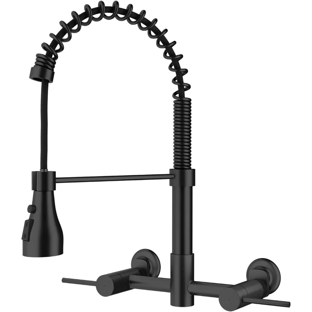 

Wall Mount Kitchen Faucet, 8 Inch Center Kitchen Sink Faucet with Pull Down Sprayer, Commercial Wall Mount Faucet (Matte Black)