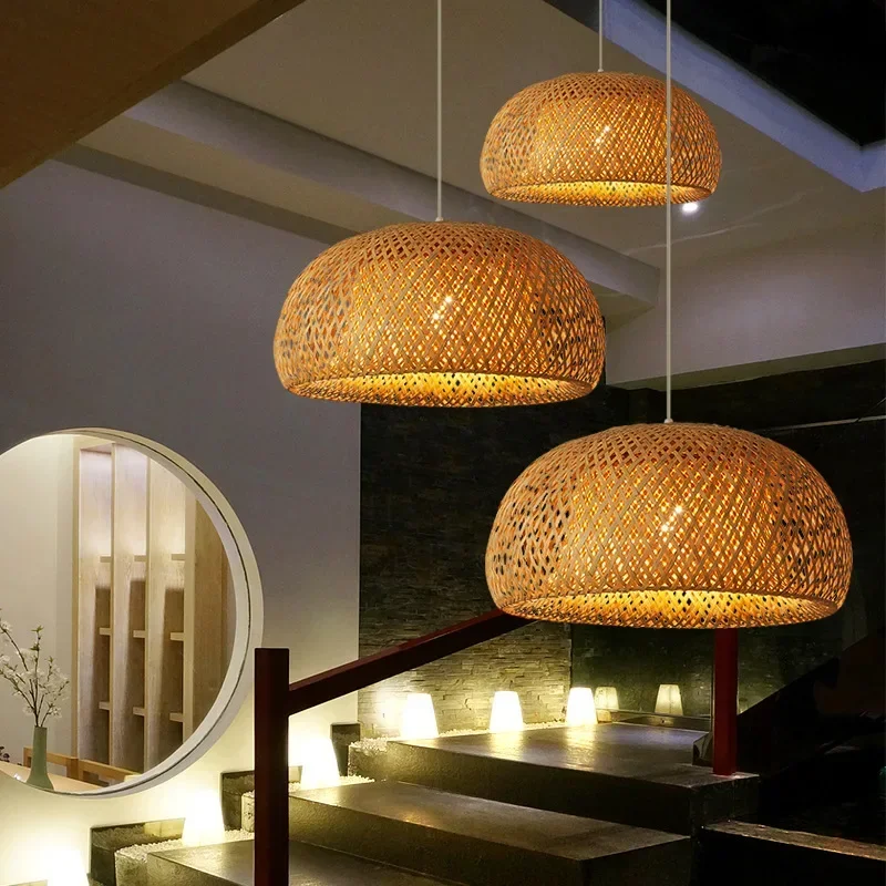 Bamboo Lantern 38/45cm Pendant Lamp Natural Rattan Wicker E27 Chandeliers Hand-Woven Lampshades Lighting Fixture Hanging Light