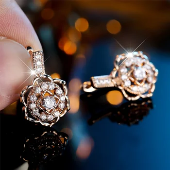 Luxury Female White Zircon Stone Flower Hoop Earrings Vintage Gold Color Wedding Jewelry For Women