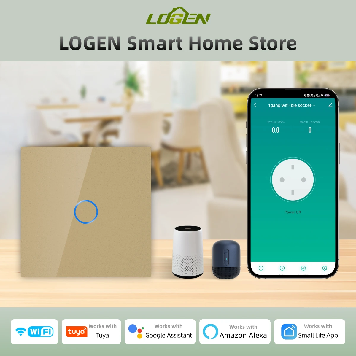 

New EU WiFi Wall Gold Smart Light Switch 1Way Tuya App Compatible with Alexa Google Tempered Glass Panel Blue Backlight