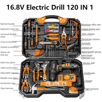 16.8V 120 In 1 Household Hardware Tool Set Lithium Battery Power Tool Electric Drill Combination Set Toolbox Pliers Saws Hammer 1