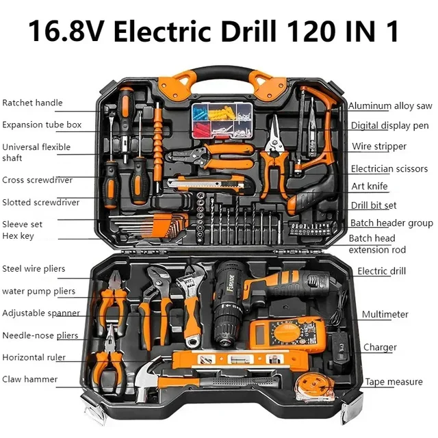 16.8V 120 In 1 Household Hardware Tool Set Lithium Battery Power Tool Electric Drill Combination Set Toolbox Pliers Saws Hammer 1