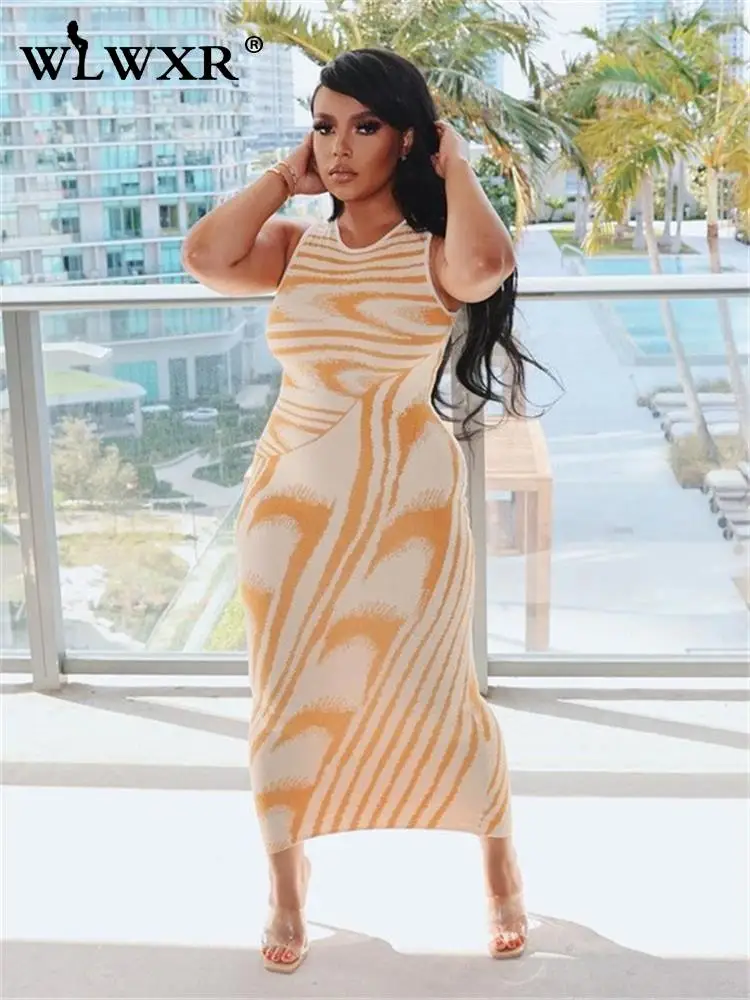 

WLWXR Street Striped Print Bodycon Maxi Dresses Summer Outfits For Women 2023 Black Long Sleeve Long Dress Casual Women Clothing