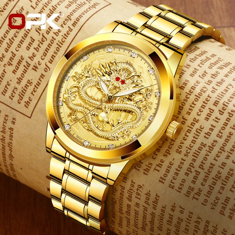 OPK Brand Men's Watches Luxury Gold Waterproof Fashion Luminous Trend Stainless Steel Strap Dragon Quartz Wristwatch Original