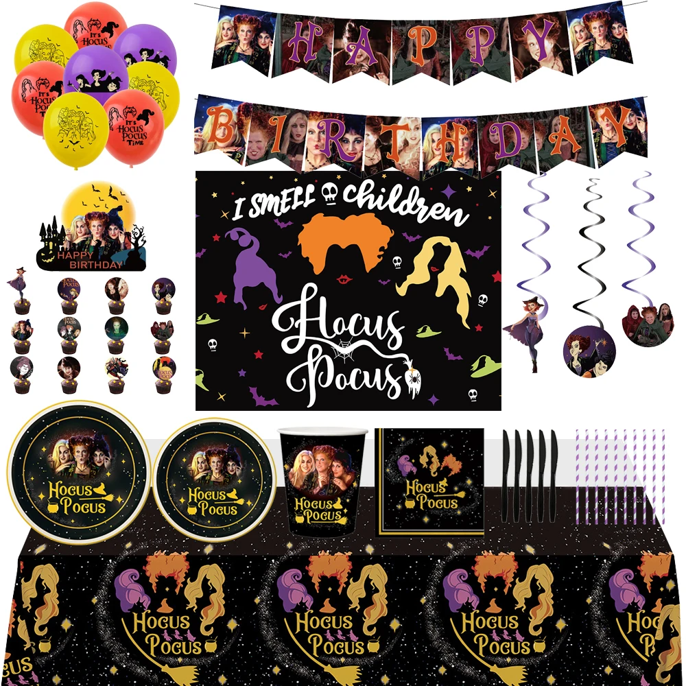 

Disney Hocus Pocus Winifred Mary Sarah Birthday Party Supplies Disposable Tableware Set Balloon Background Baby Shower Girl Gift