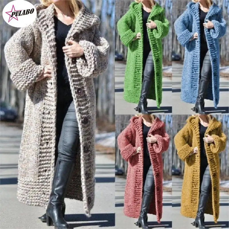 

PULABO Thick Warm Cardigan Women y2k Fall Winter Hooded Oversized Sweaters Knitted Coats Loose Long Overcoats Knitwear