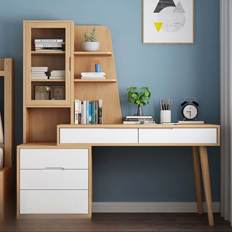 Solid wood desk and bookshelf combination for small household students, home computer, writing desk, Nordic minimalist study