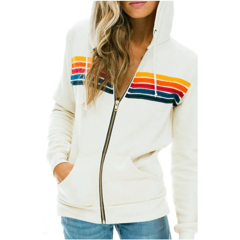 2024 AVIATOR NATION Women\'s 5 Stripe Rainbow Long Sleeve Zip-up Stitch Pullover Breathable Hoodies Sweatshirt