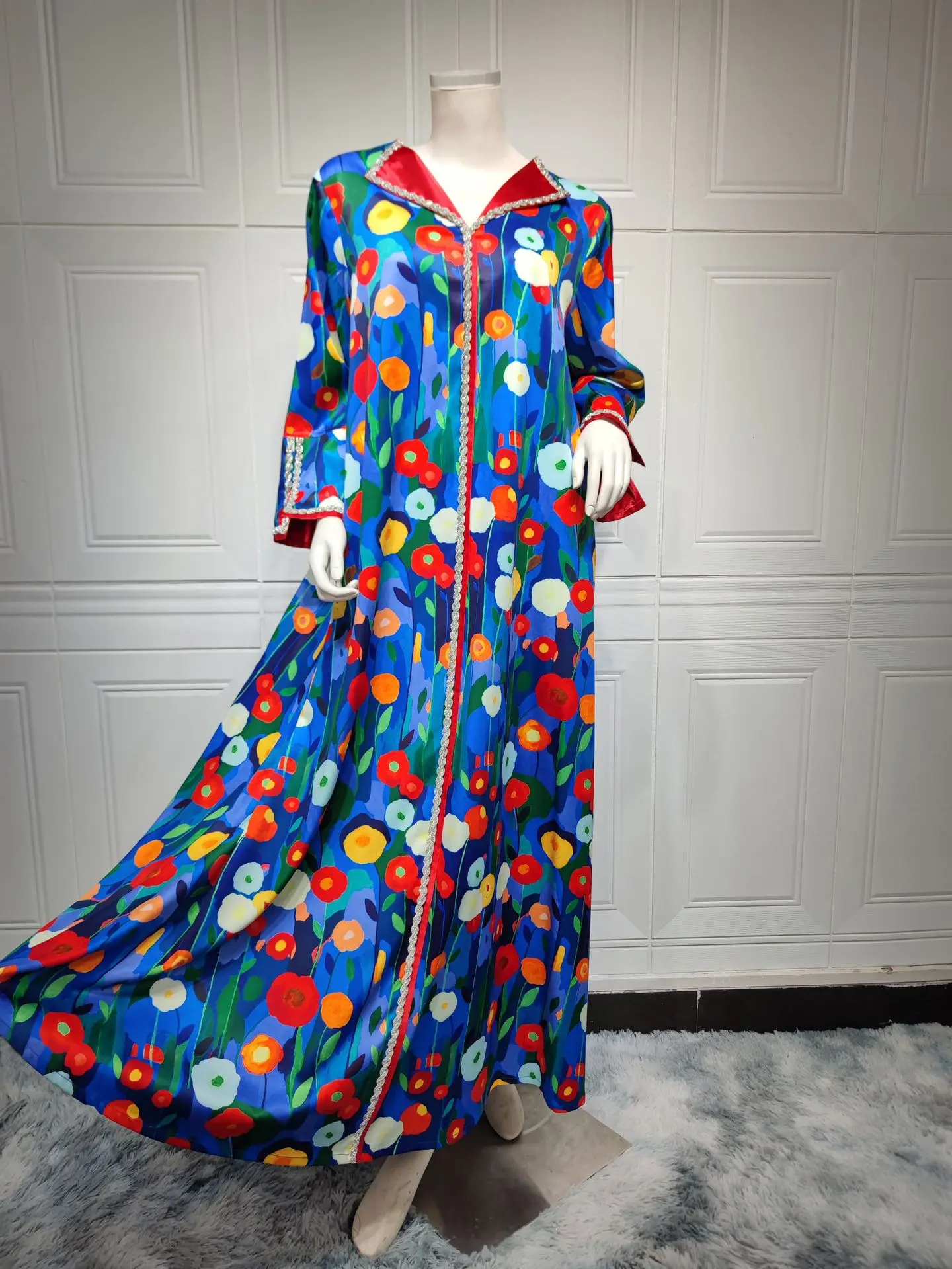 Fashion Printing Moroccan Women Jalabiyat Chic Rhinestone Full Sleeve V-Neck Elegant Turkish Long Dress for Female Muslim Dress