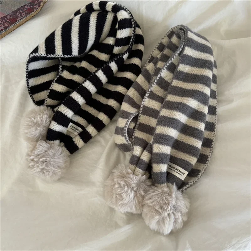 Korea Ins Kids Winter Baby Girls Scarf Cute Wave Point Stripe Hairball Scarves Kawaii Soft Warm Knitted Scarfs Accesoire 3-15y