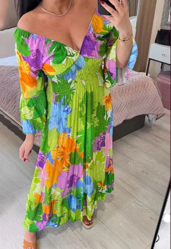 Summer New Women\'s Floral Fashion Long Sleeve Chic Long Dress Elastic Waist Slim Dress Feminine Elegant Midi Dress