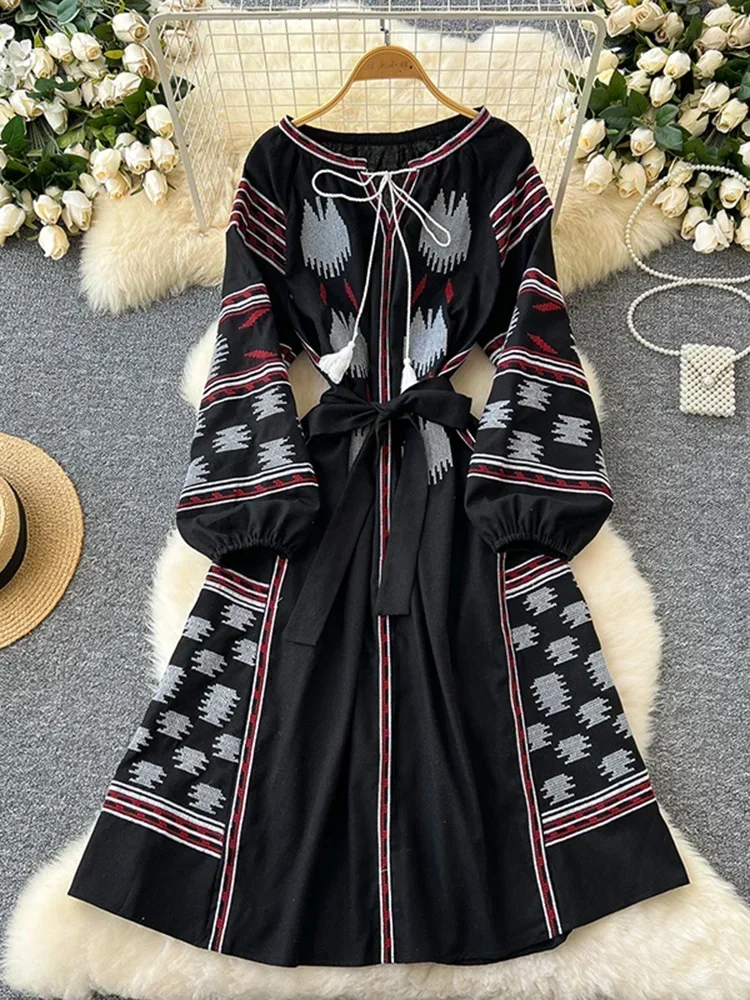 Bohemian Retro Ethnic Style Dress Women's Spring Autumn Embroidered Lace Up  Lantern Sleeves Waist Cinching Long Dress A153 - AliExpress 200000345