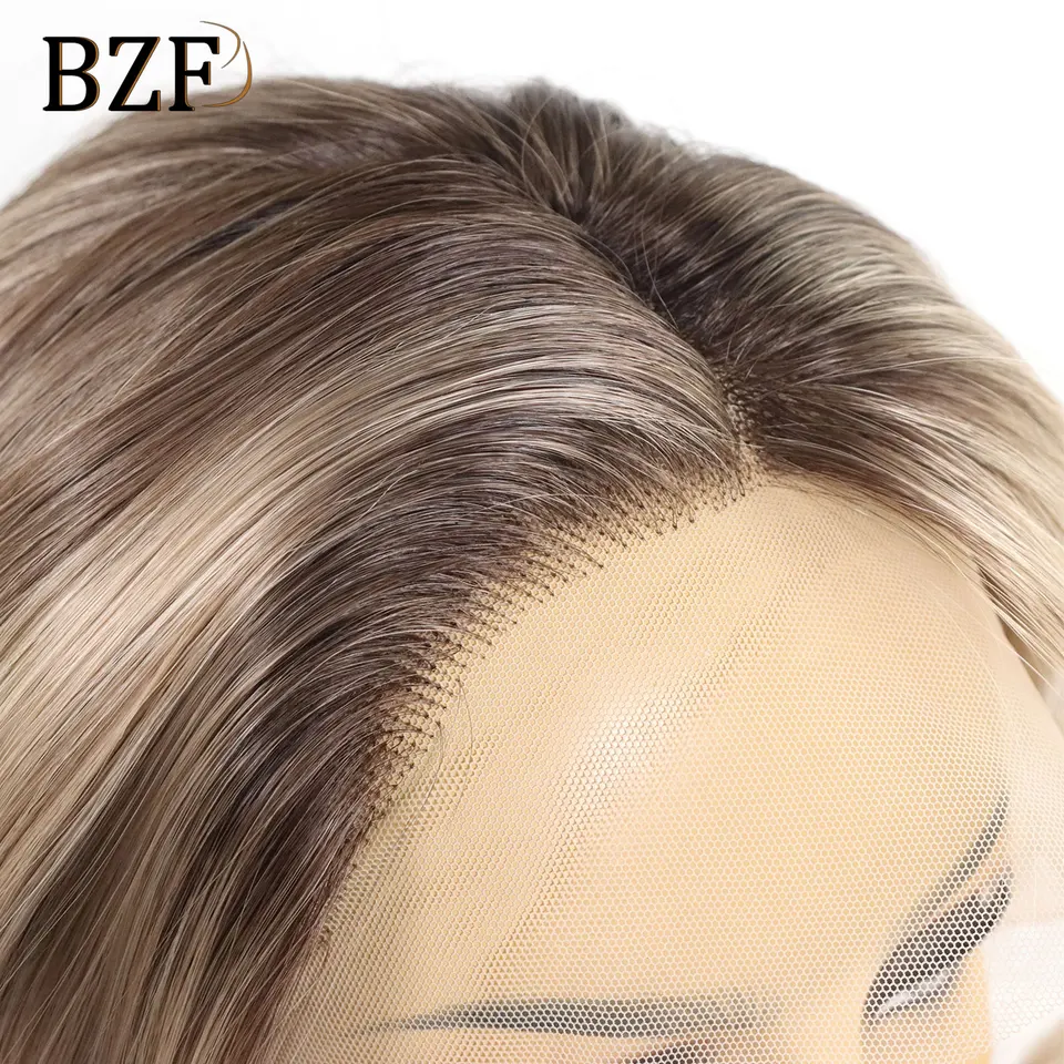 アッシュブラウン波状ハイライト合成レースフロントショートボブ