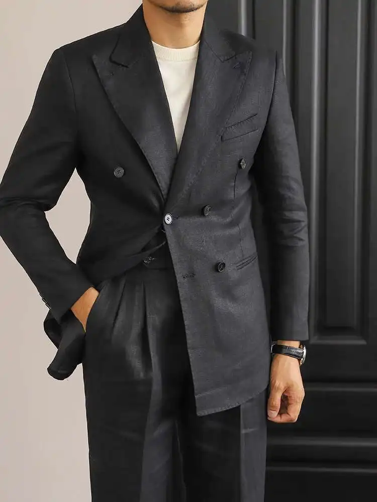Luxury Linen Double Breasted Italian Suit For Men's Versatile Slim Fit Business Lapel Collar Retro Suit Green Brown 4 Colors