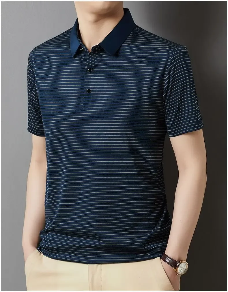 Dad's Top Summer Ice Silk Men's Thin Versatile Breathable Striped POLO Shirt Dad's Casual Short-sleeved Top 18 S932d8c78bb814d3499cd733da967f9cb6