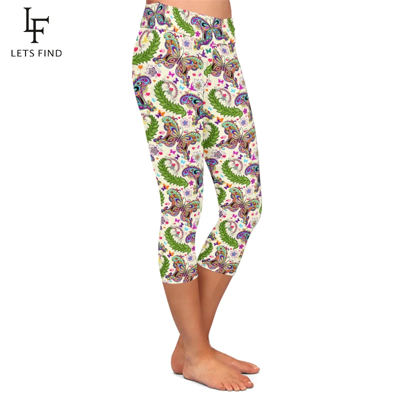 LETSFIND High Quaility 3D Butterflies and Flowers with Heart Print Women Capri Leggings High Waist Fitness Soft  Pants