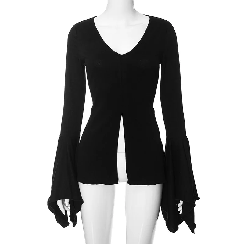 Goth Fairy Grunge T-Shirt | Flare Sleeve V-neck Blouse | Y2k Black Alt Tops