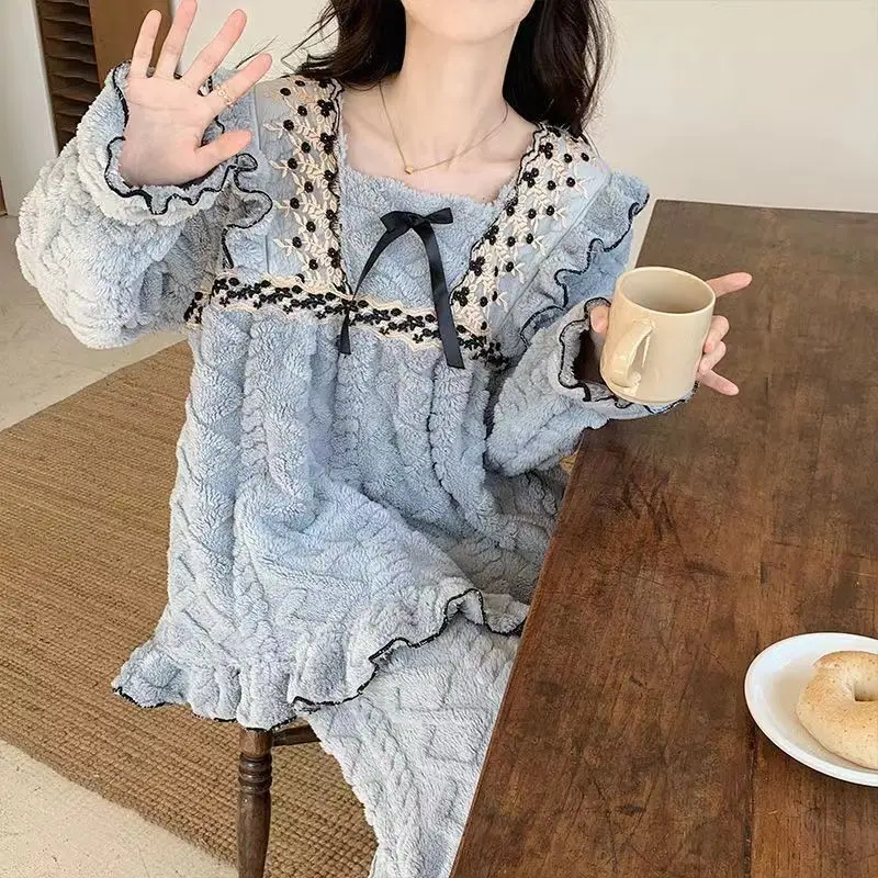 Square Neck Autumn/Winter Coral Velvet Pajama Lady Thickened Sweet and Lovely Flannel Homewear Two-piece Set Loungewear Women