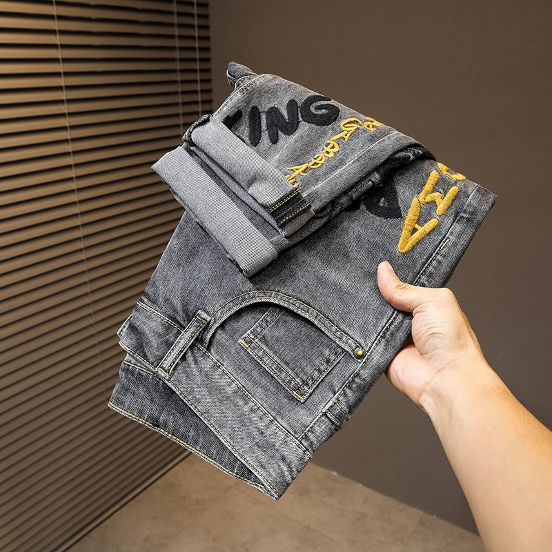 Tide MEN'S jeans light luxury high-end splicing patch slim straight heavy embroidery plump handsome cotton casual fashion pants