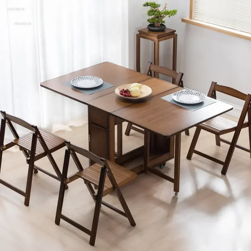 Bamboo Apartment Folding Dining Tables Creative Kitchen Multifunctional Rectangular Table Simple Household Hotel Storage Desk