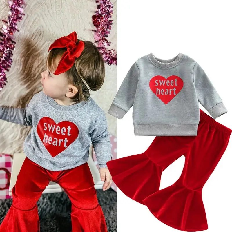 

Baby Girls Clothes Love Long-sleeved T-shirt Velvet Bell Pants Suit 9M-3Y Children's Top and Bottom Clothes Set 5-day Shipping