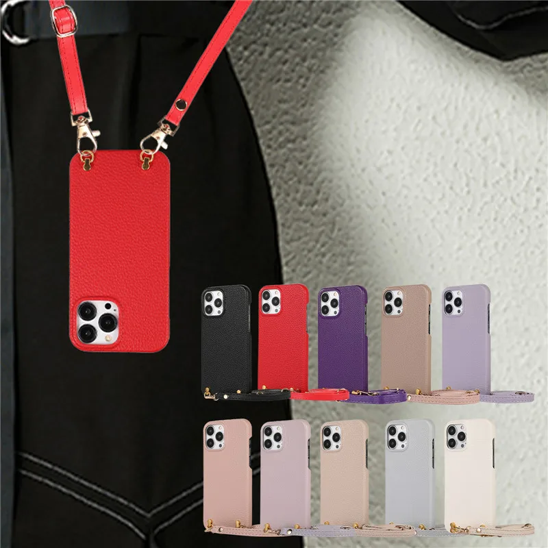 

Luxury Soild Color Simple Leather Crossbody White Pink Rear Cover Mobile Phone Ccase with Lanyard for iPhone 14 13 12 11 ProMax