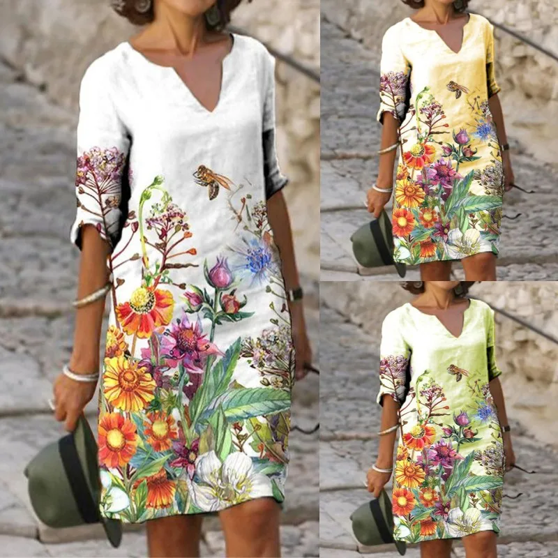 

2022 Summer New 5-sleeve Printed V-neck Middle Dress European And American Women's Dress