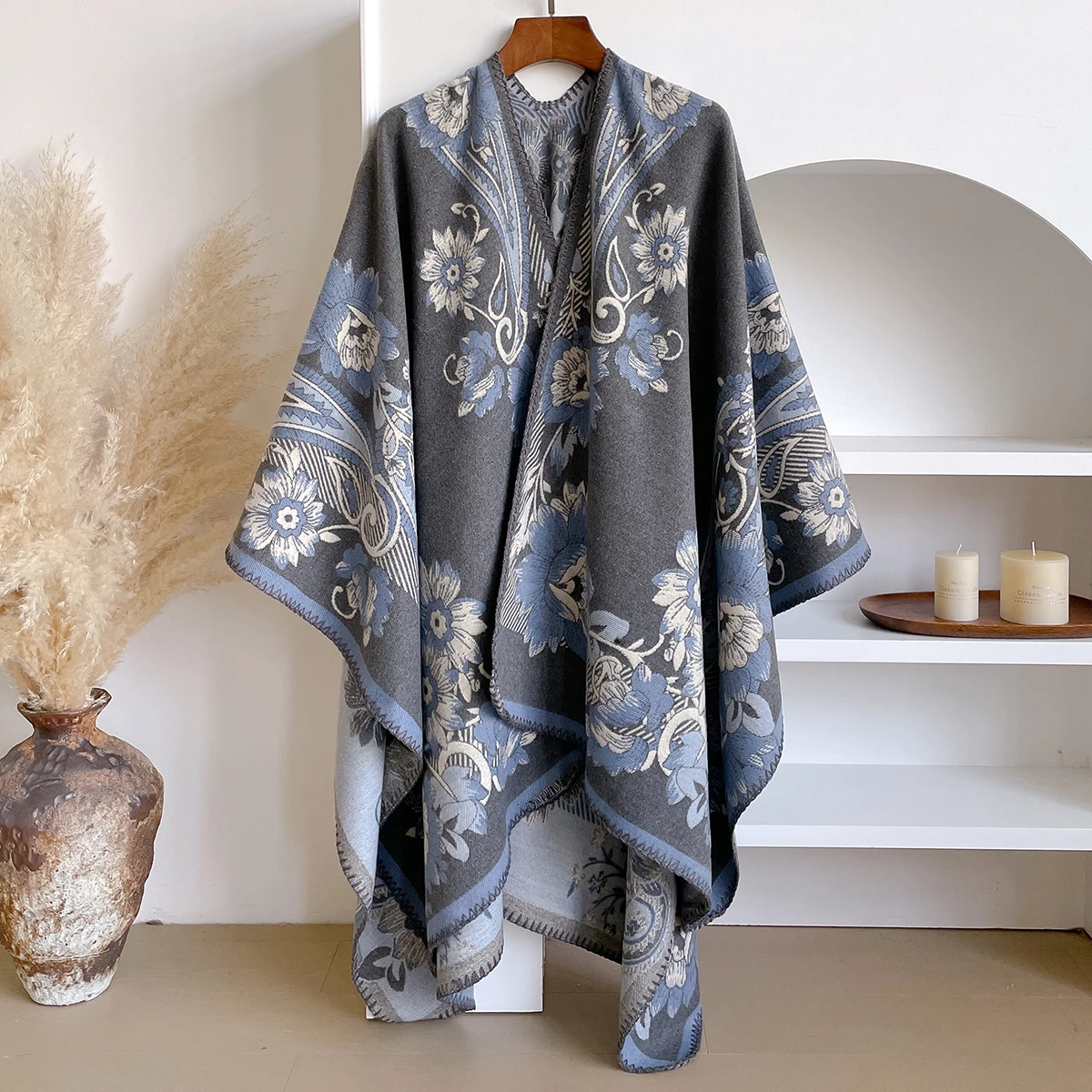 Brand Fashion Women's Winter Cashmere Shawl - Bright Floral Oil Painting Printed Pashmina Thick Wrap, Poncho & Echarpe