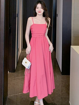 여성용 우아한 홀리데이 블루 비치 롱 드레스, 솔리드 백리스 섹시 드레스, 2023 한국 빈티지 캐주얼 댄스 파티 드레스, 여름 숙녀