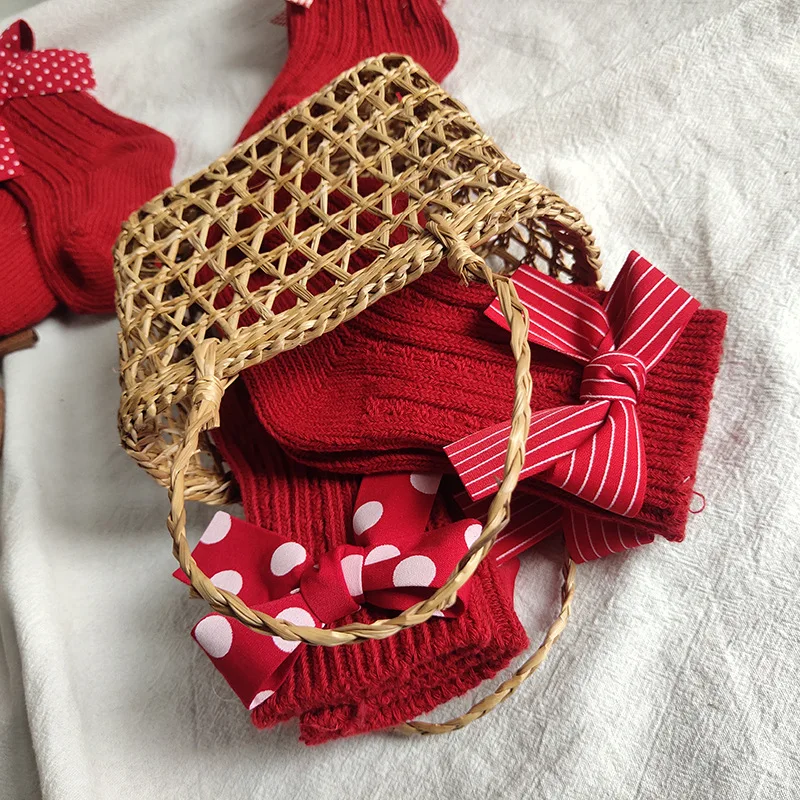 Girls Middle Tube Socks with Bow 100% Cotton Warm Red Stockings for Children Socks Christmas Socks Kids Gifts 0-8 Years Old